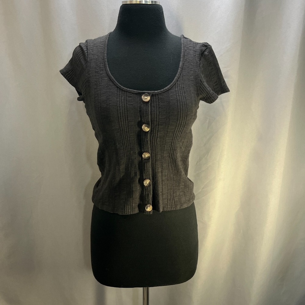 American Eagle Outfitters Ribbed Crop Top Womens Small Black Cotton Button Front